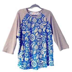 LuLaRoe Randy baseball style gray, blue, & light yellow raglan sleeve top 3X